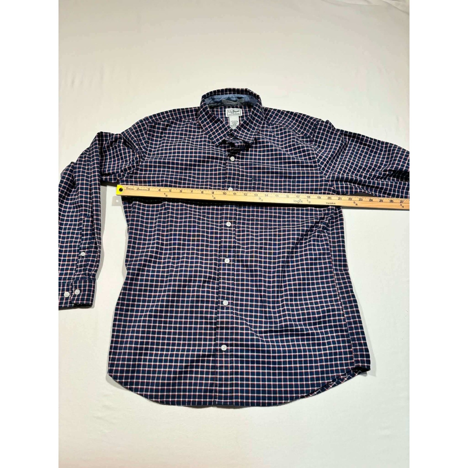 LL Bean Mens Slightly Fitted CoolMax Stretch Grid Check Shirt Navy Red M-REG
