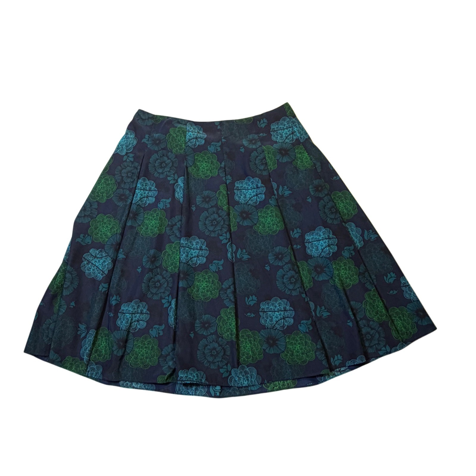Retro Floral Liz Claiborne Pleated A-Line Midi Skirt Navy Green Teal Size 10