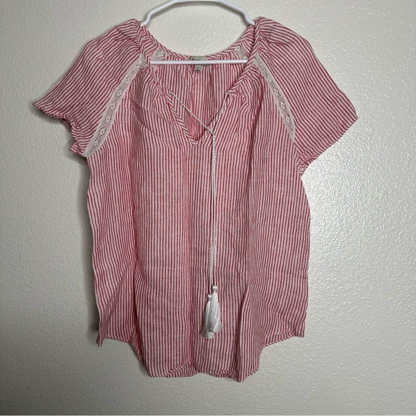 Cremieux Linen Striped Short Sleeve Blouse Small