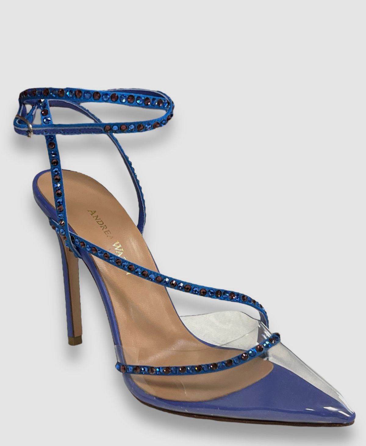 $695 Andrea Wazen Women’s Blue Dassy Sunset 2 PVC Leather Ankle Wrap Pumps Sz 37
