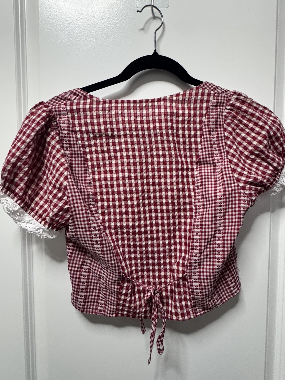 Women’s Red/White Gingham Cropped Blouse Square Neck Puff Sleeve Lace Zip