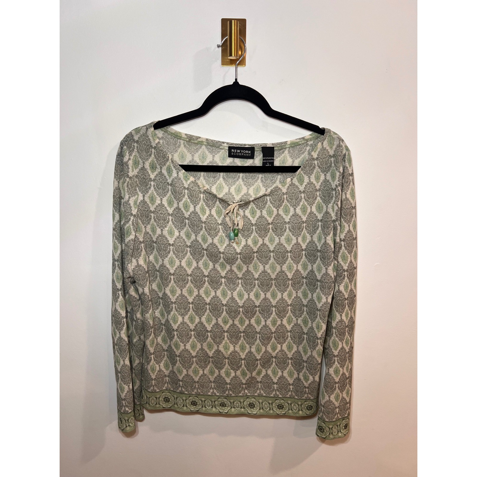 Vintage Y2K Boho Peasant Damask Green Long Sleeve Beaded Tassle Top- Large