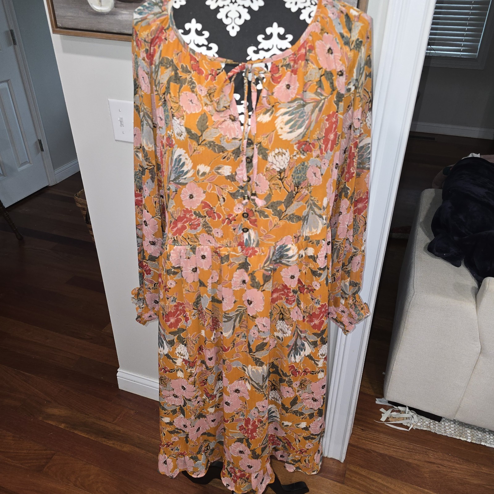 Kate And Sam Maxi Dress Orange Floral Sheer Sleeves Lined Sz L Feminine…
