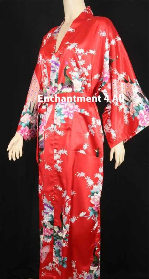 Elegant Peacock Silk Satin Kimono Robe Sleepwear Long w/ Waist Tie, Red