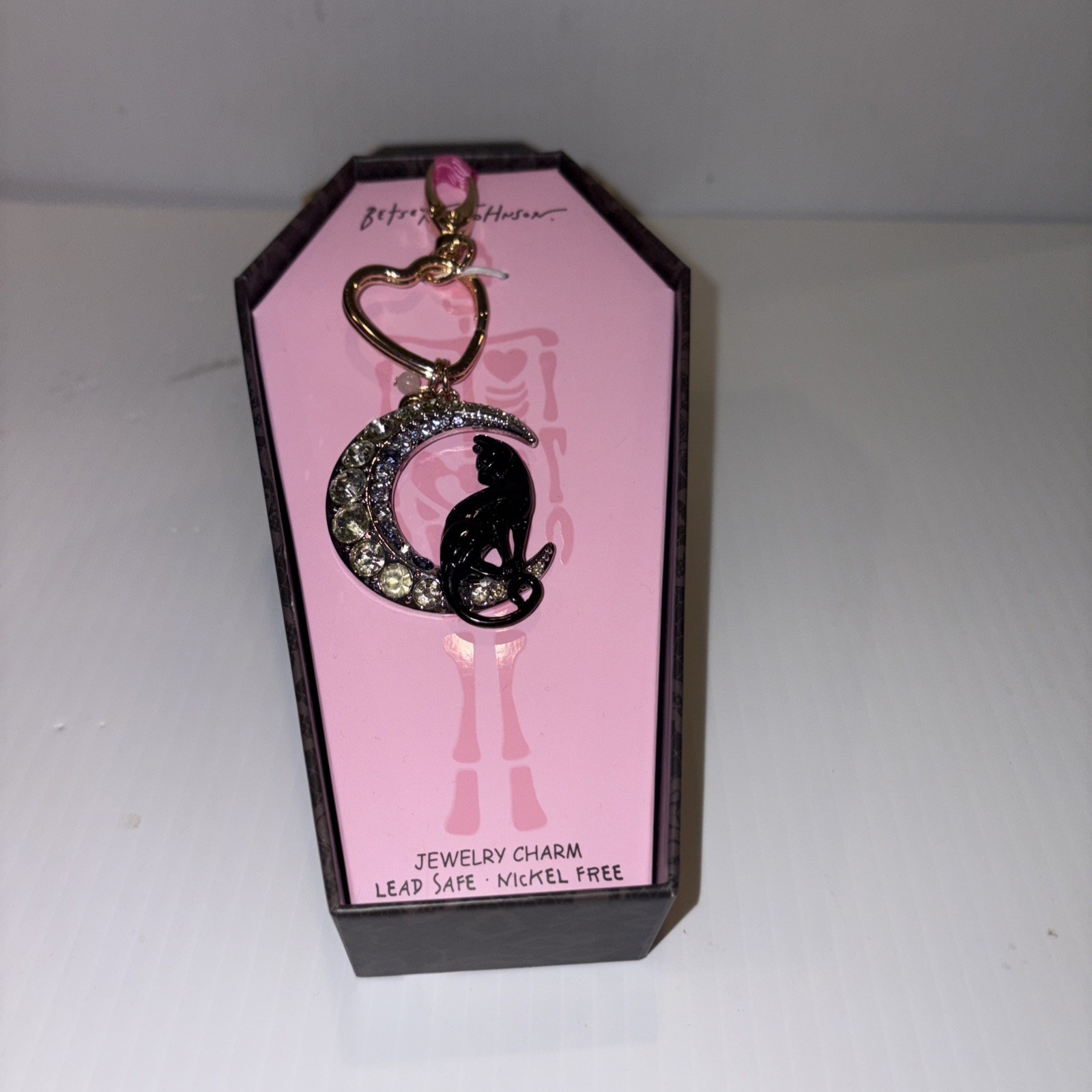 $58 Betsey Johnson Halloween Moon & Black Cat Jewelry Charm Keychain NEW in Box