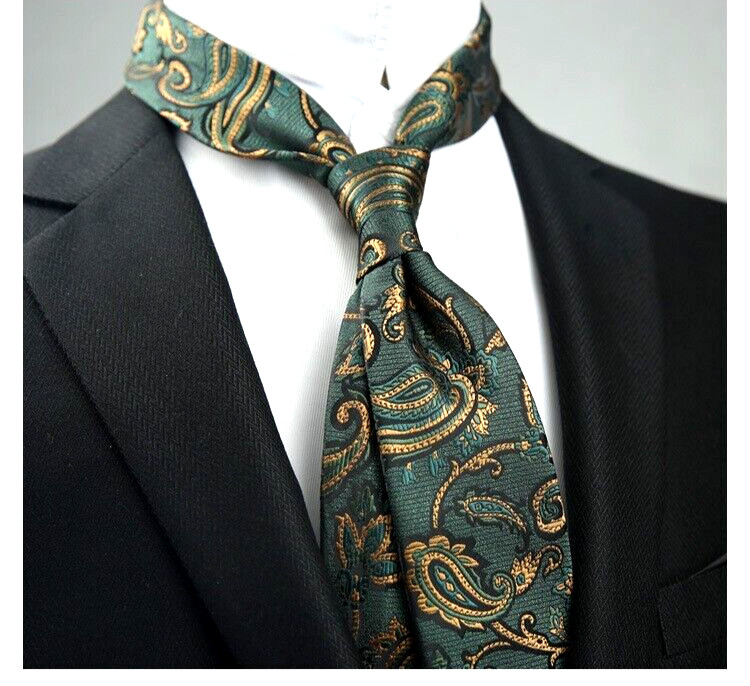 New Classic Paisley Green Gold JACQUARD WOVEN 100% Silk Men’s Necktie Tie