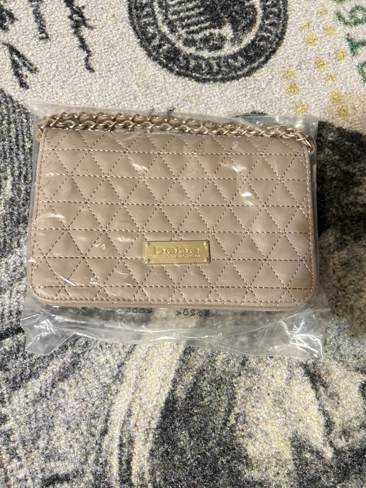 bebe Beige Quilted Women’s Shoulder Bag Gold Chain Strap Solid Rectangle