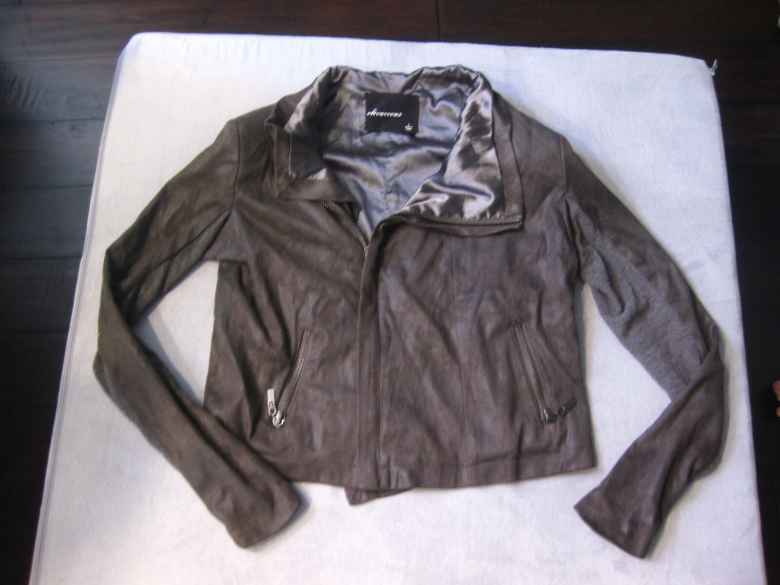 Olivaceous PU Synthetic Leather Gray Biker Jacket Zipper Pockets Size Large L