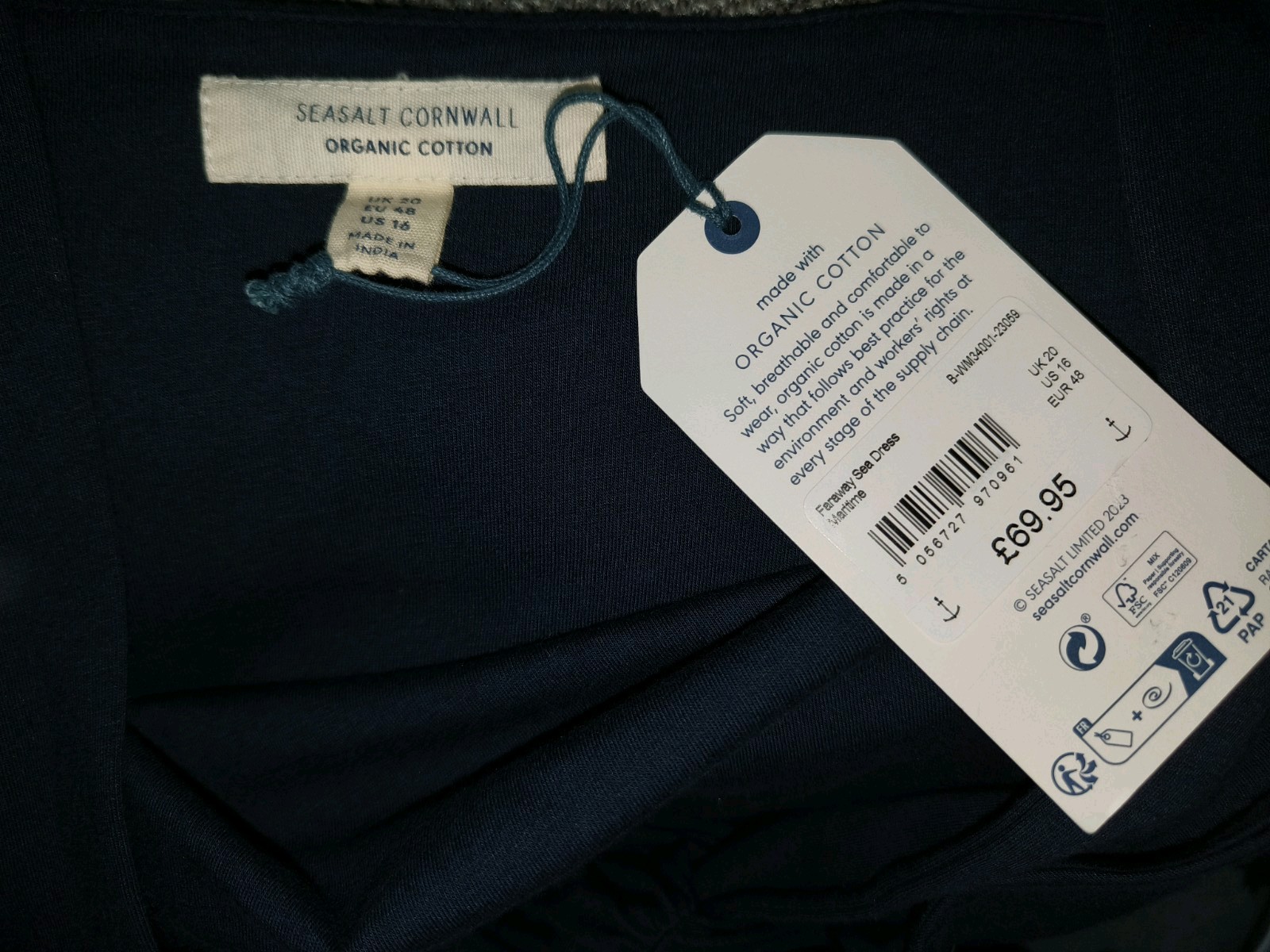 SEASALT FARAWAY SEA DRESS MARITIME NAVY BLUE HALTER NECK JERSEY STRETCHY SIZE 20