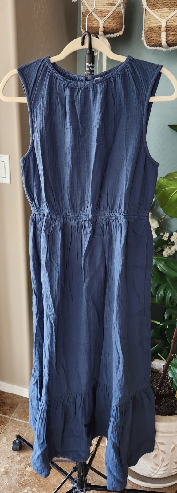 New Pact Organic Coastal Double Gauze Tiered Midi Dress, Size M, French Navy