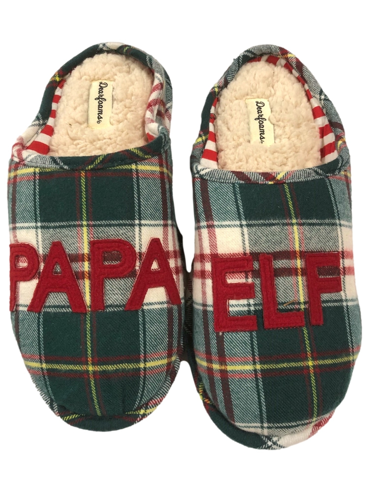 Dearfoams Mens Green Plaid Papa Elf Holiday Slippers Scuffs House Shoes