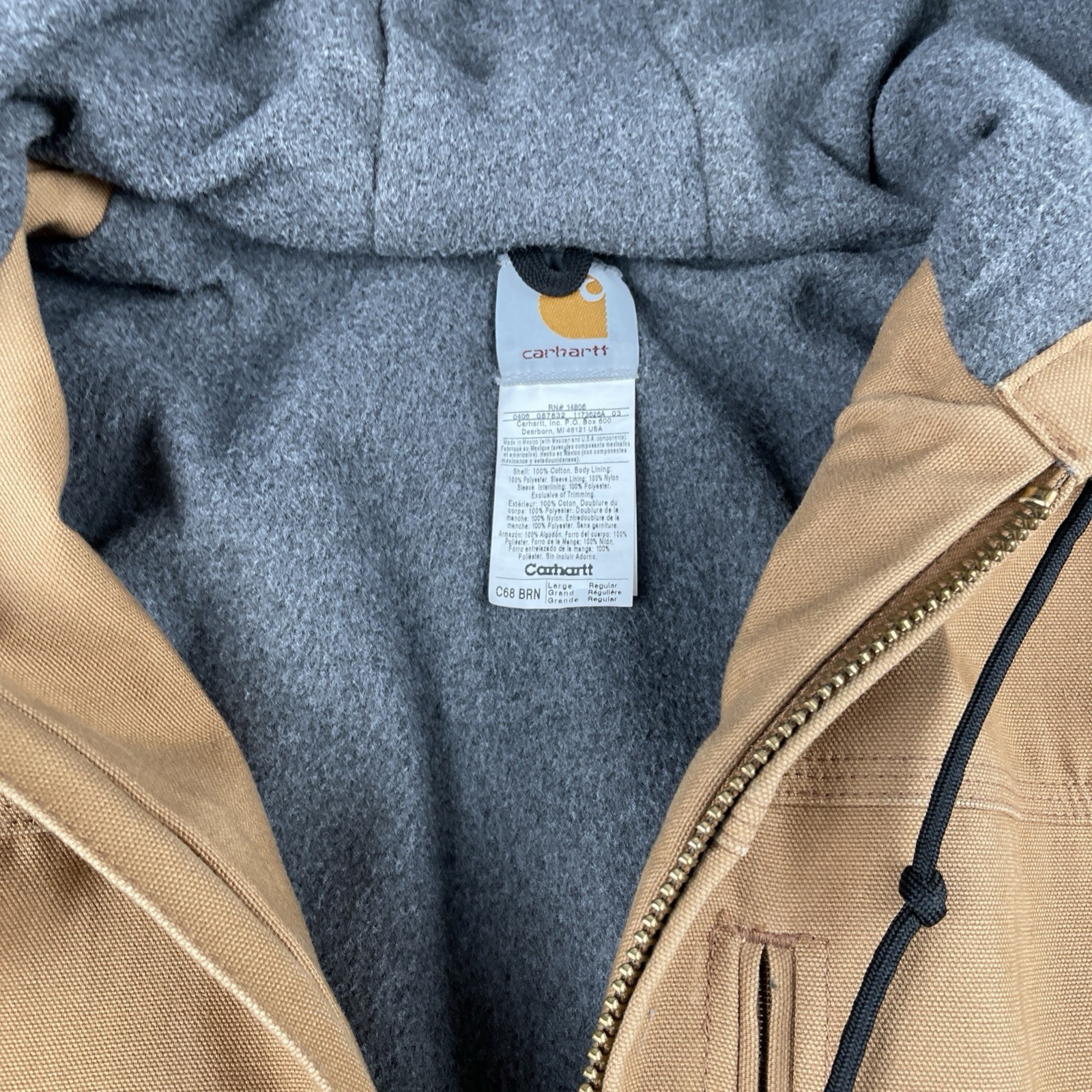 Carhartt Jacket Zip Up Hoodie Caramel Brown Fleece Lined Triple Stitched Large