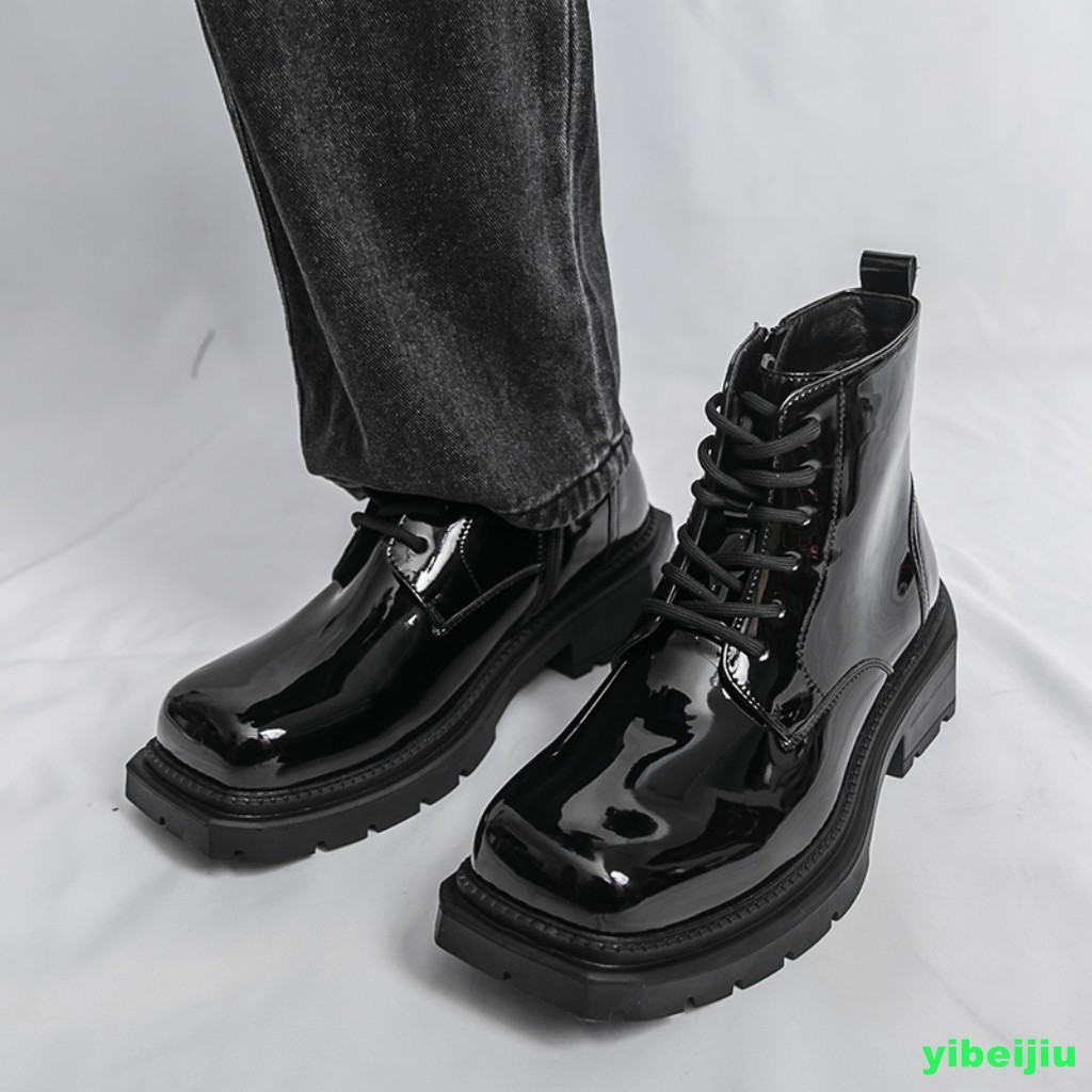 Mens Shiny Leather Dress Ankle Short Boots Platform Wide Shoes Motorcycle Gothic