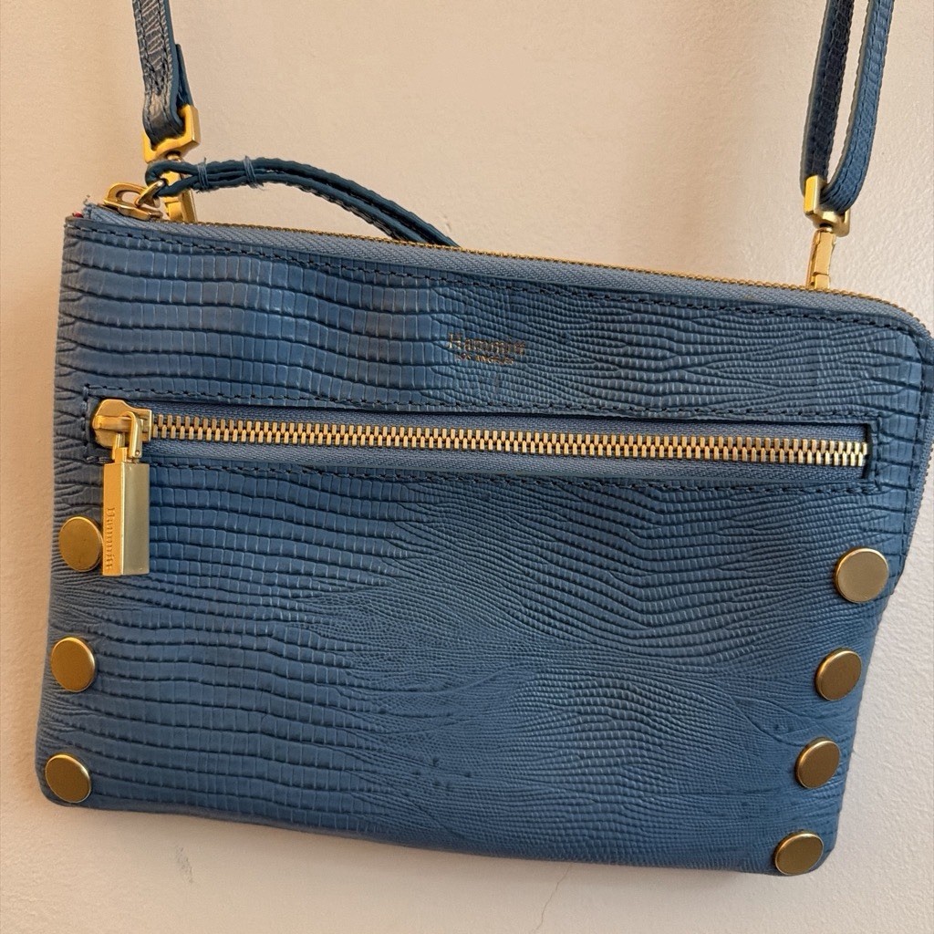 Hammitt Small Blue Embossed Crossbody Bag Gold Hardware Studded Zip Red Lining