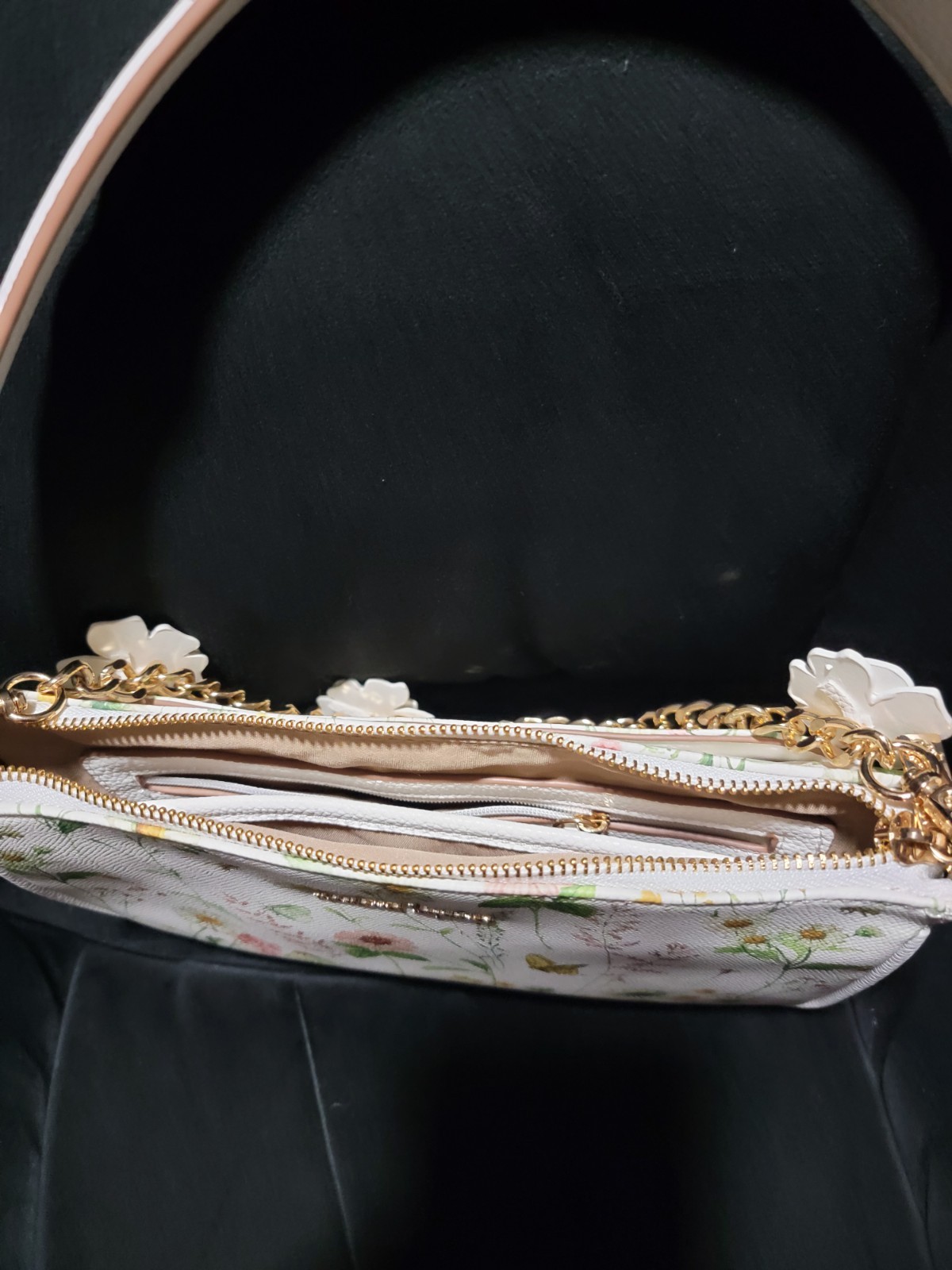 Nanette Lepore Small White Floral Shoulder Bag Gold Chain Zip, Detachable Strap
