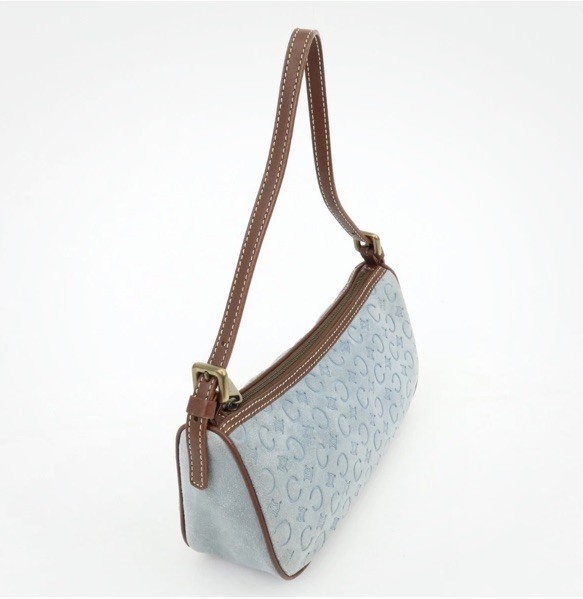 CELINE C Macadam Suede Leather Pochette Shoulder Bag (RARE Light Blue) Vintage