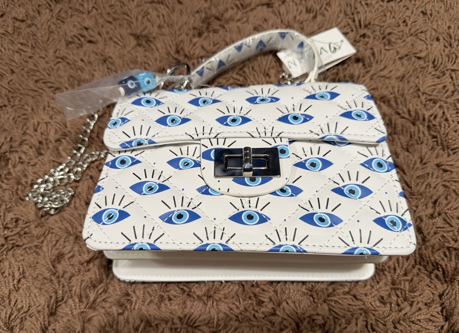 New White 100% Vegan Leather Evil Eye Crossbody Bag Detachable Chain Straps