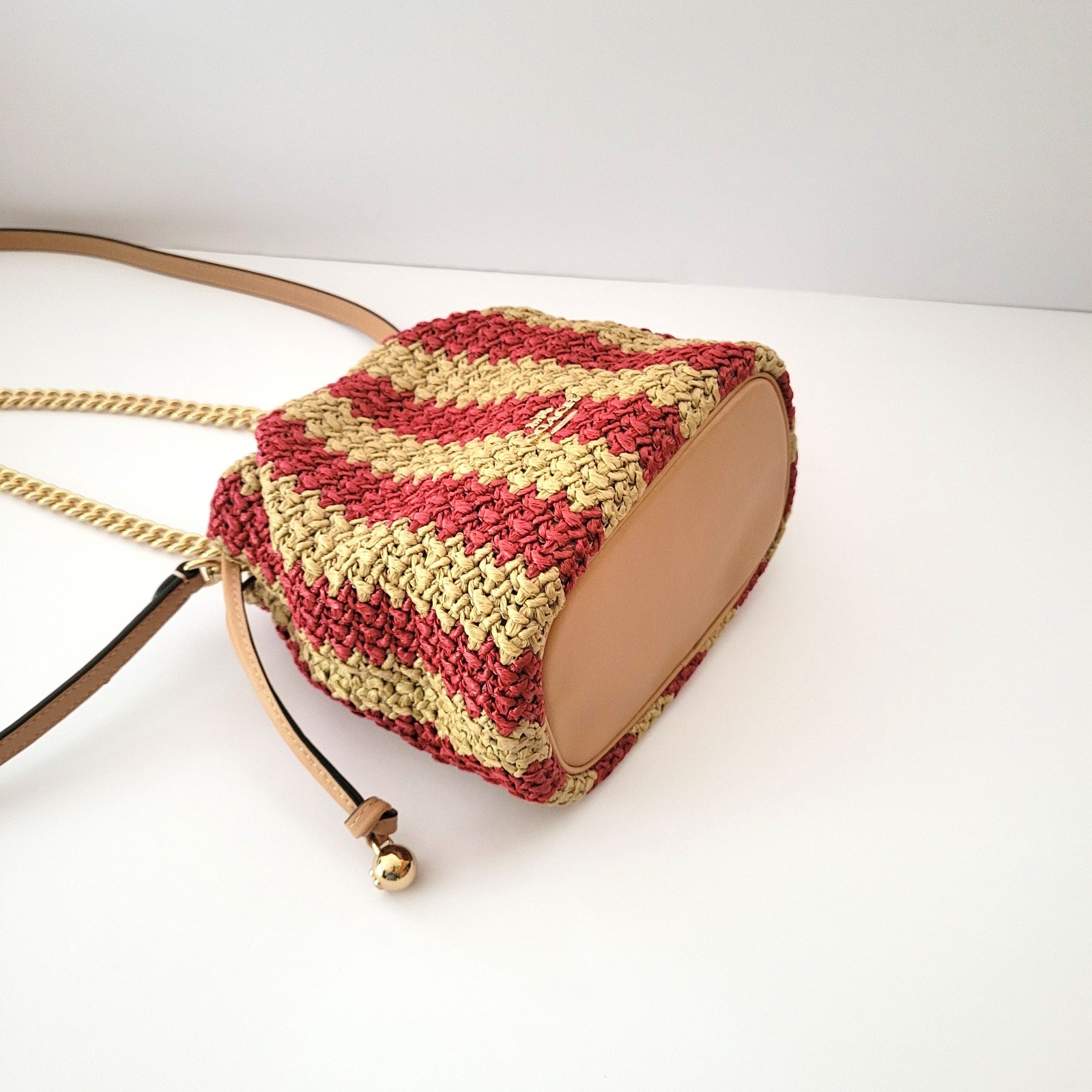 Coach CEN17 Faye Mini Drawstring Straw Crossbody Red Tan Gold Striped Handbag