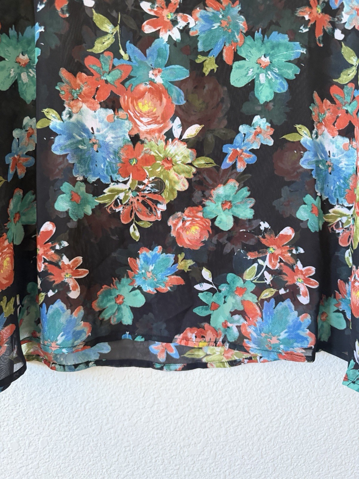 Chenault Womens Floral Chiffon Sheer Batwing Blouse Top Black Multicolor L