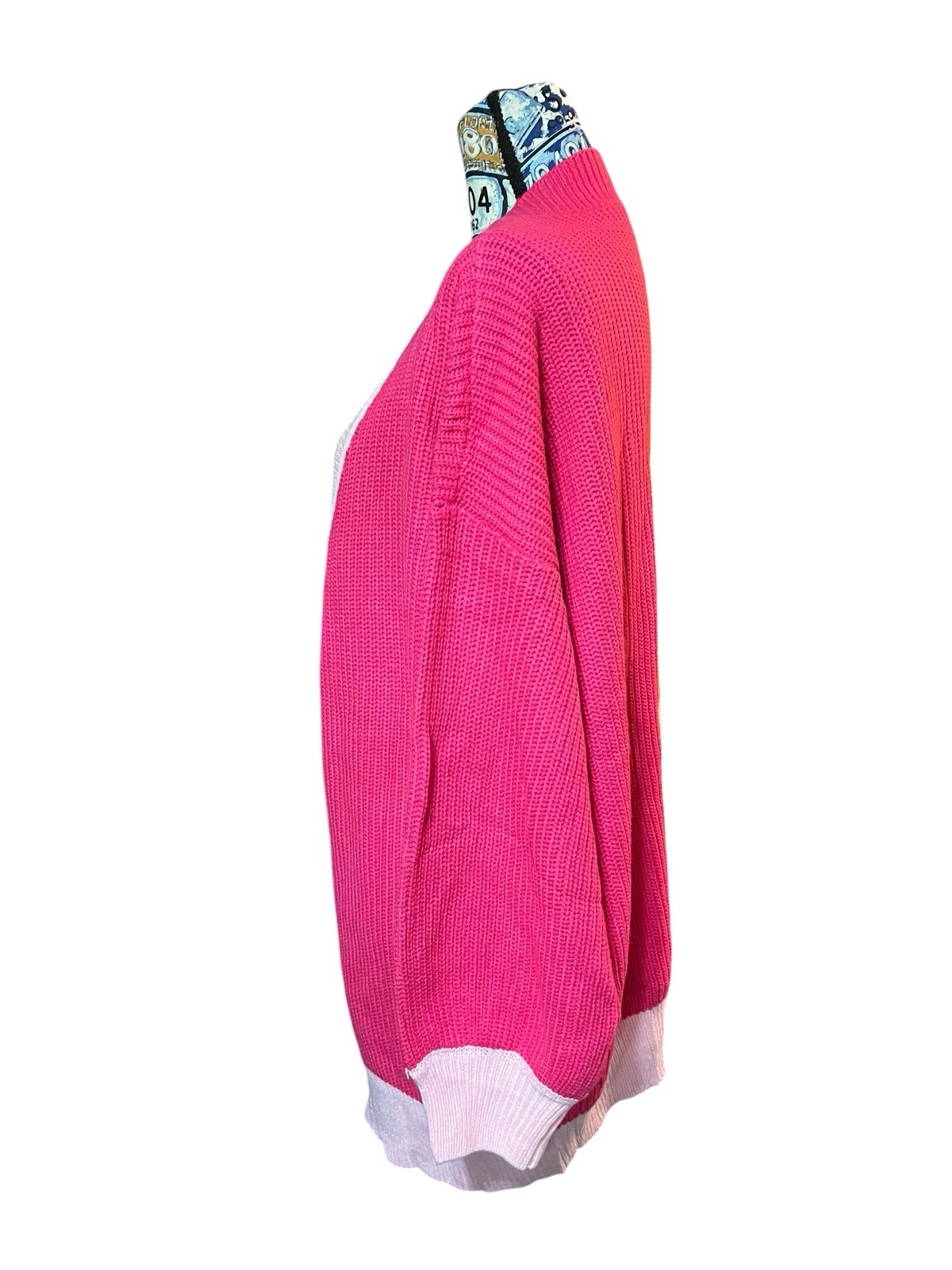 Two Tone Bright Pink Color Block Cardigan Preppy Glam Girlie Librarian Sz L