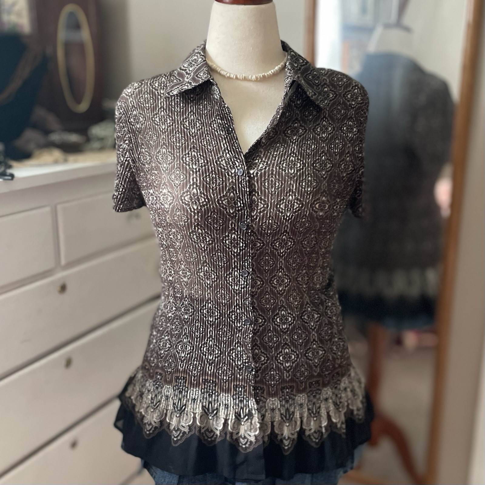 APT.9 Brown Paisley Crinkle Blouse XL Ruffle Forest Fairy Grunge Goblincore GVC