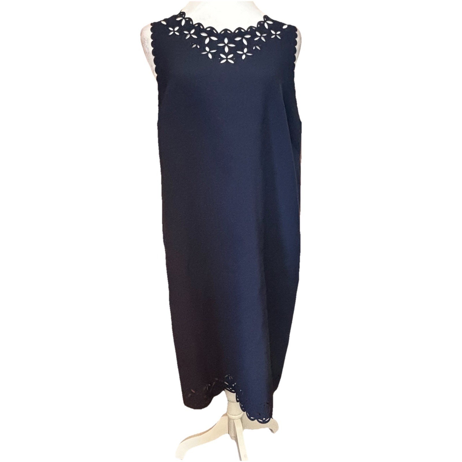 J Crew Factory Laser Cut Eyelet Scalloped Shift Dress Sz 14 Navy Wedding Guest