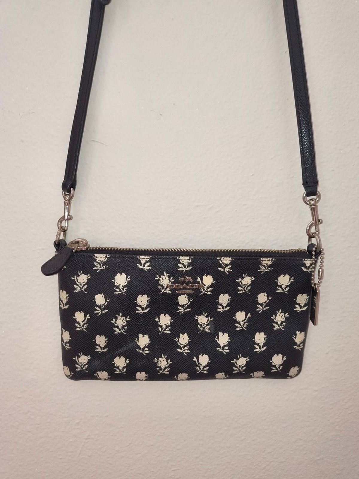 Coach 52834 Badlands Floral Print Black Leather Crossbody Pouch Bag