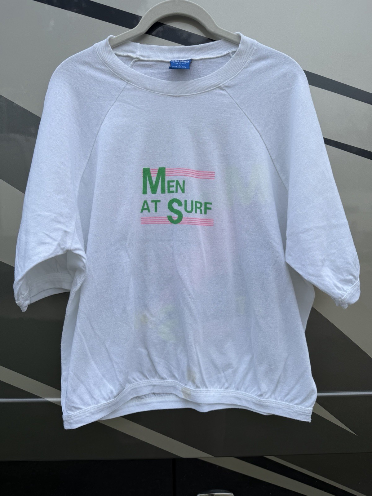 Vintage 80s Ocean Pacific “Men at Surf” neon surfing graphic banded L retro Cali
