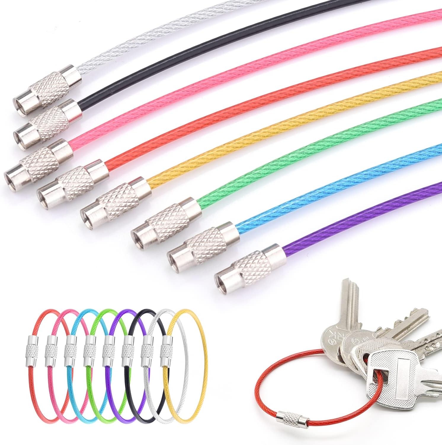 10× Stainless Steel Wire Keychains Cable Key Rings Loop Screw Lock Outdoor 6″ US