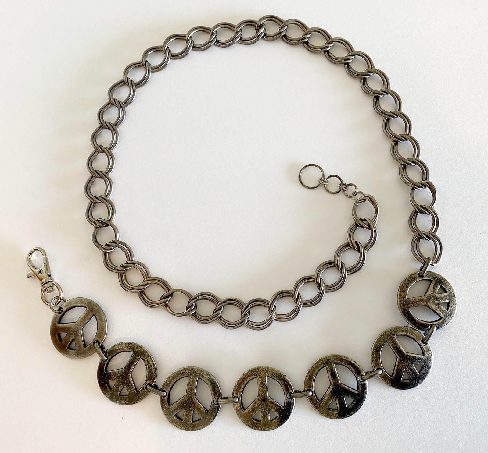 Vintage Peace Sign Belt 43 in Chain Silvertone Metal Unisex Hippie Boho Groovy