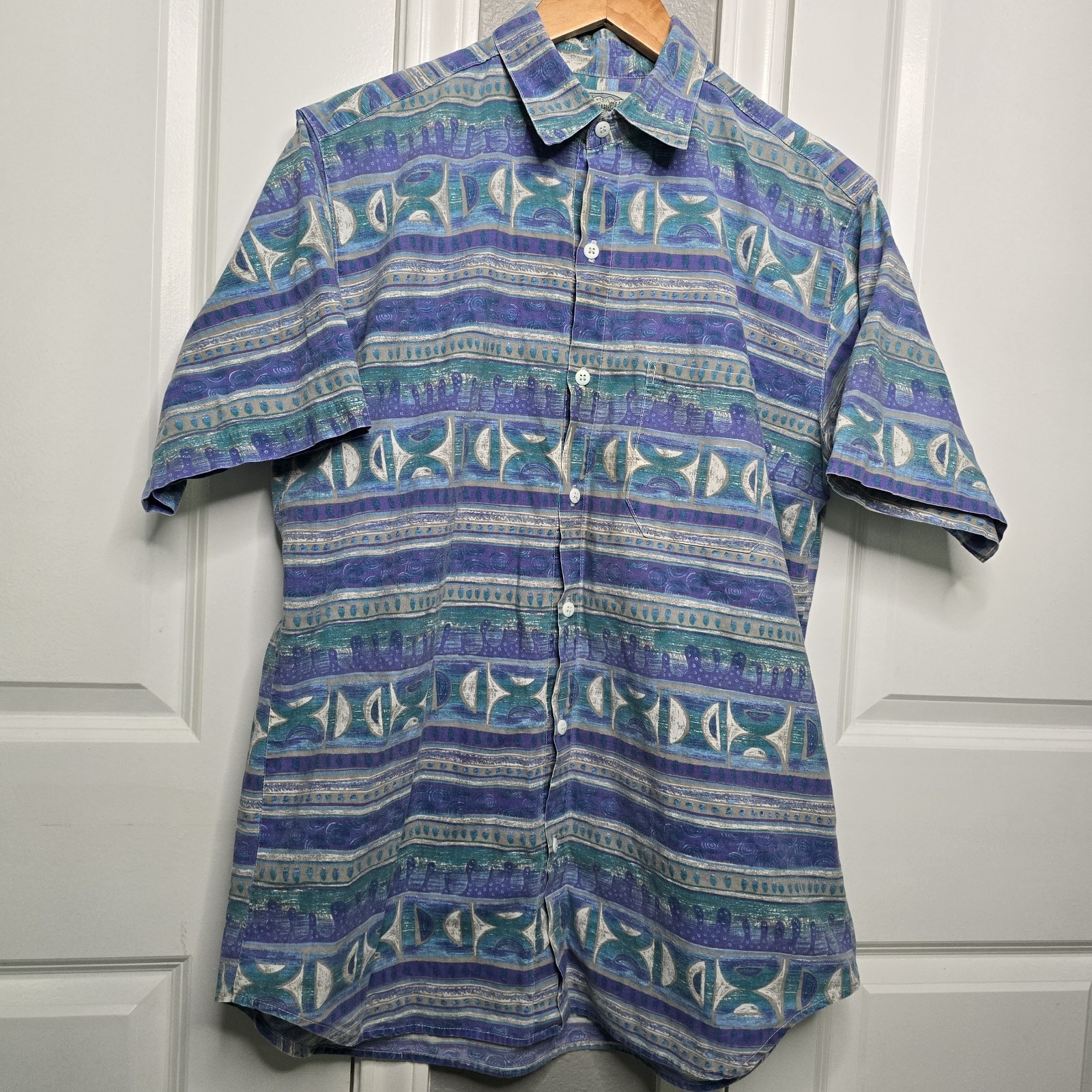 VTG 80s 90s Britches Great Outdoors Shirt Men L Blue Green Abstract Classic