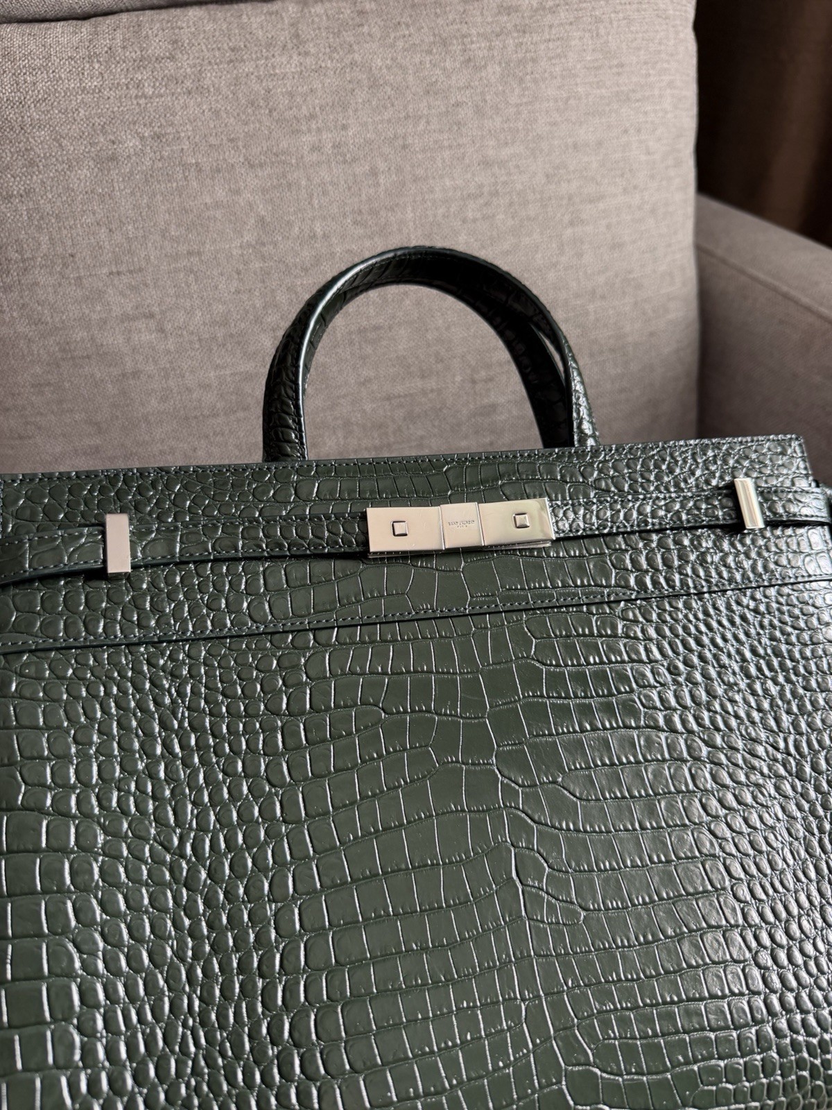 SAINT LAURENT Small Manhattan Green Silver Embossed Leather Bag Shoulder Strap