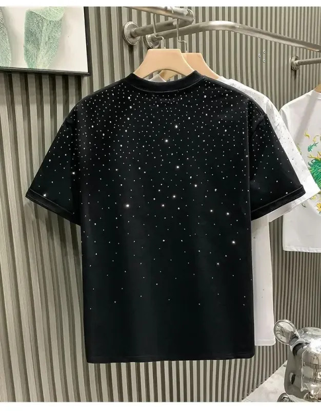 Summer Men Clothing Summer Rhinestone Rivet T-shirt Round Neck Casual T-shirt