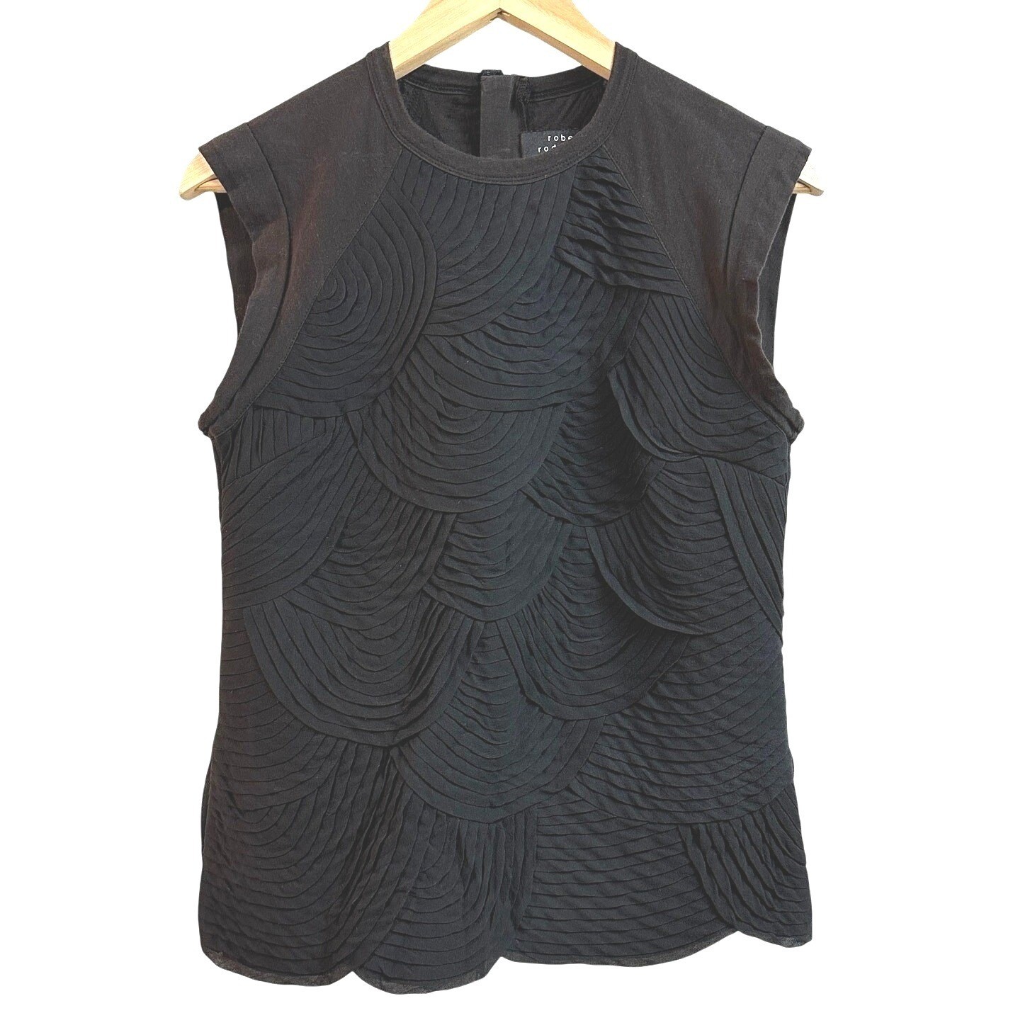 Robert Rodriguez Silk Textured Scalloped Black Top Cap Sleeve Blouse Womens 6