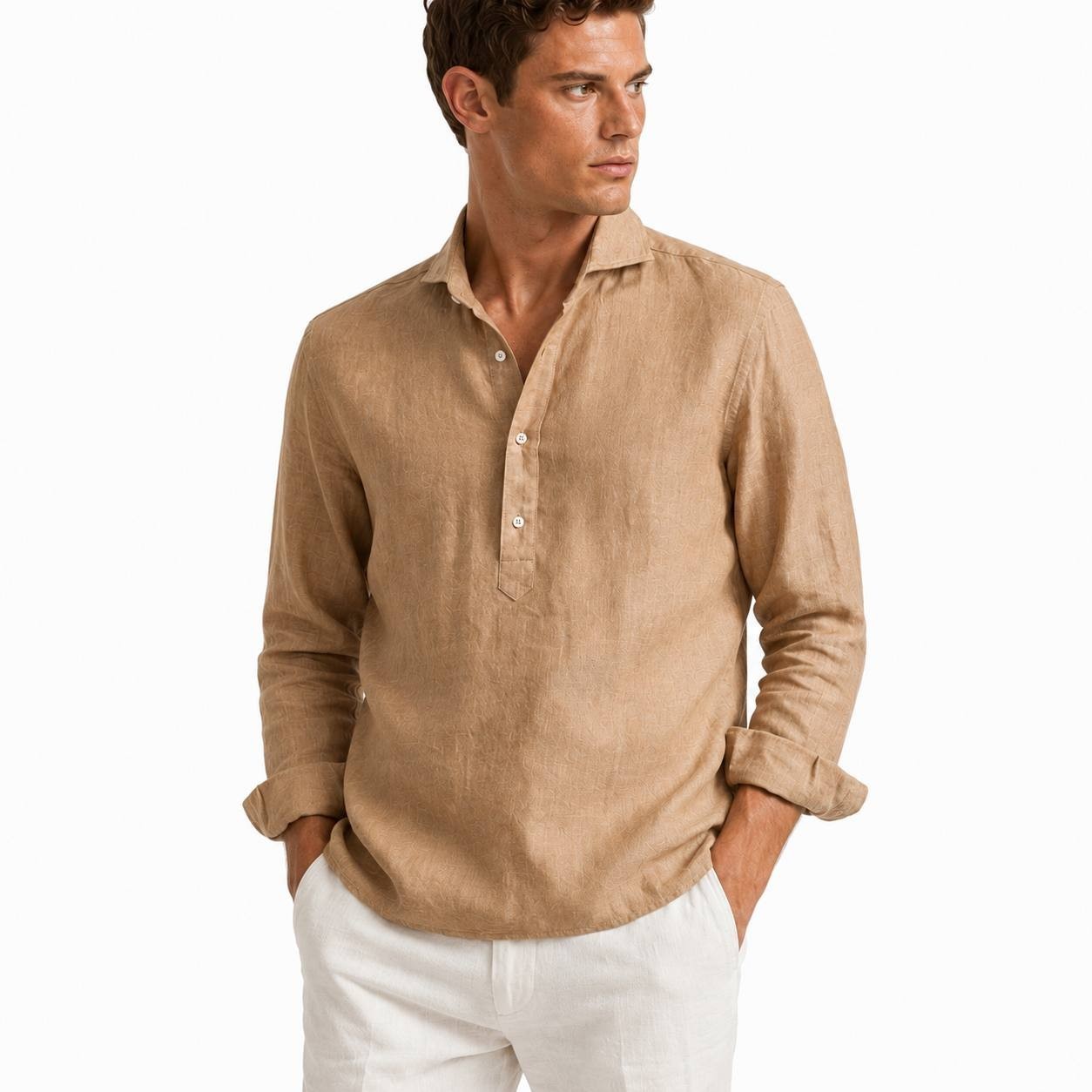 SUITSUPPLY PURE LINEN 100% SLIM FIT POPOVER BEIGE SHIRT MENS SIZE M & 39/40