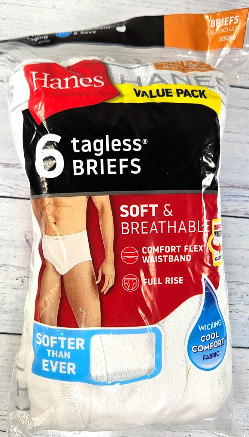Hanes 2252P6 Men’s Tagless Briefs, White, Size MEDIUM 32 / 34 – 6 Pack