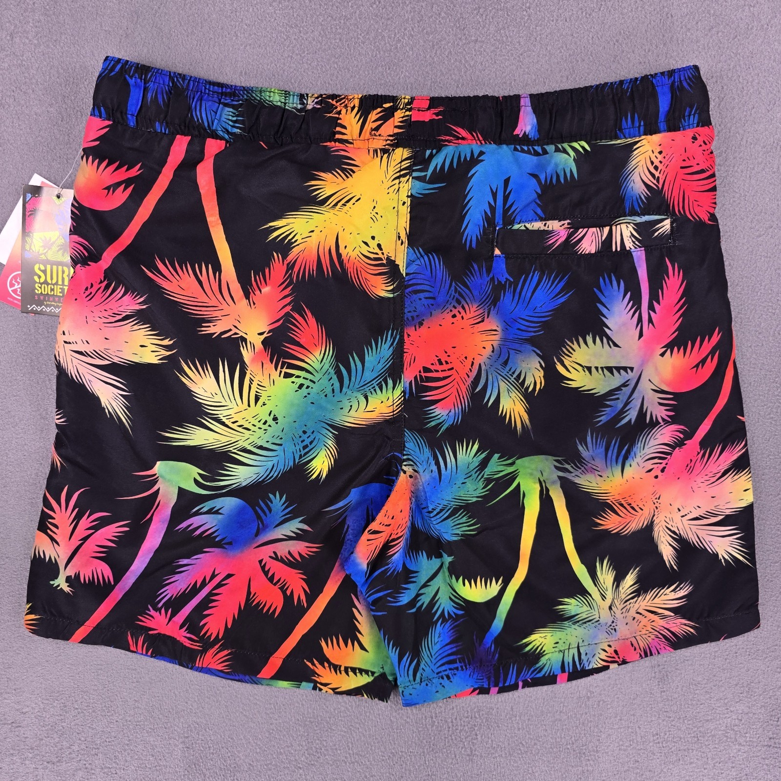 New Surf Society Swim Trunks Men’s Large Rainbow Palm Trees Black Shorts Pride