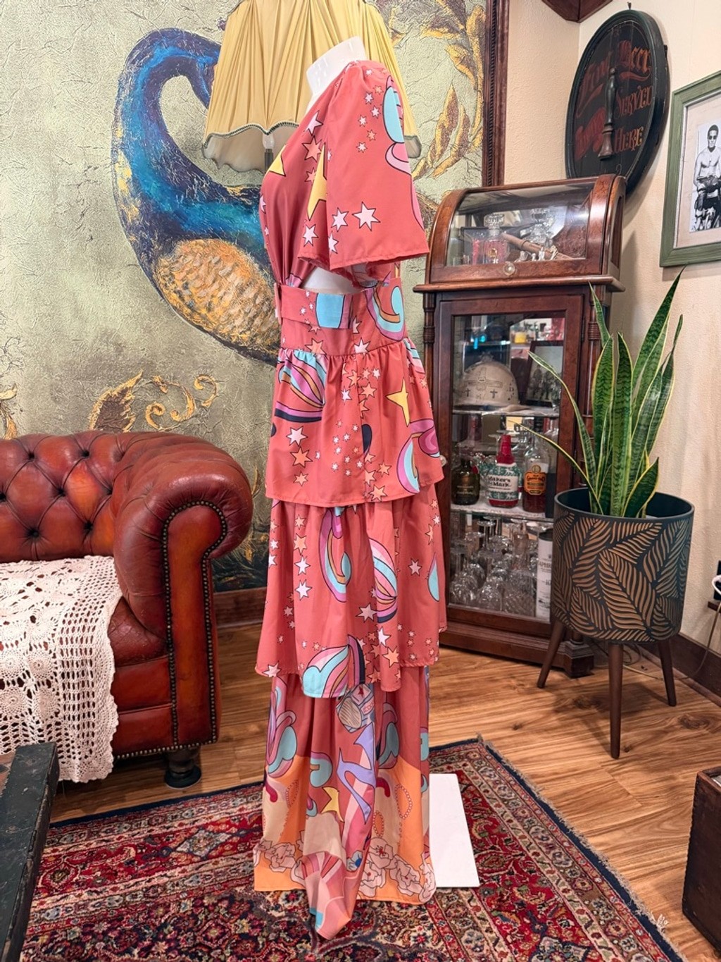 STYLEBYGG Retro Psychedelic Maxi Dress Cutout Tiered Boho Festival Pink Multi Sz