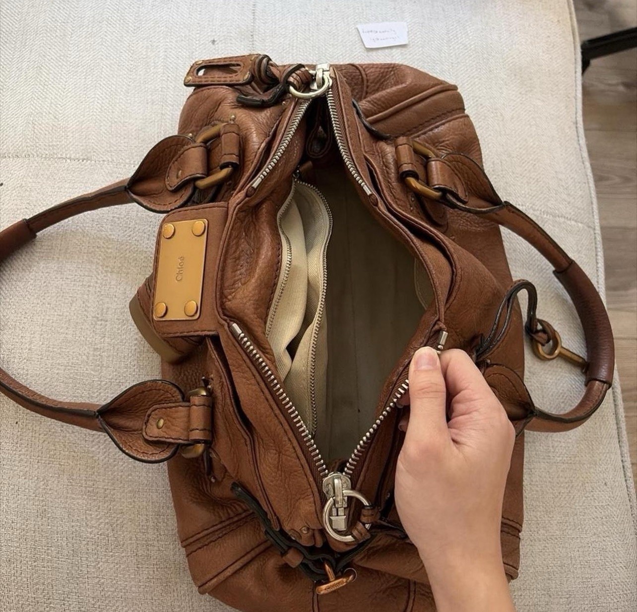 Chloé Brown Satchel Padlock & Key, Studded Bottom, Zip Closure, Gold/Silver