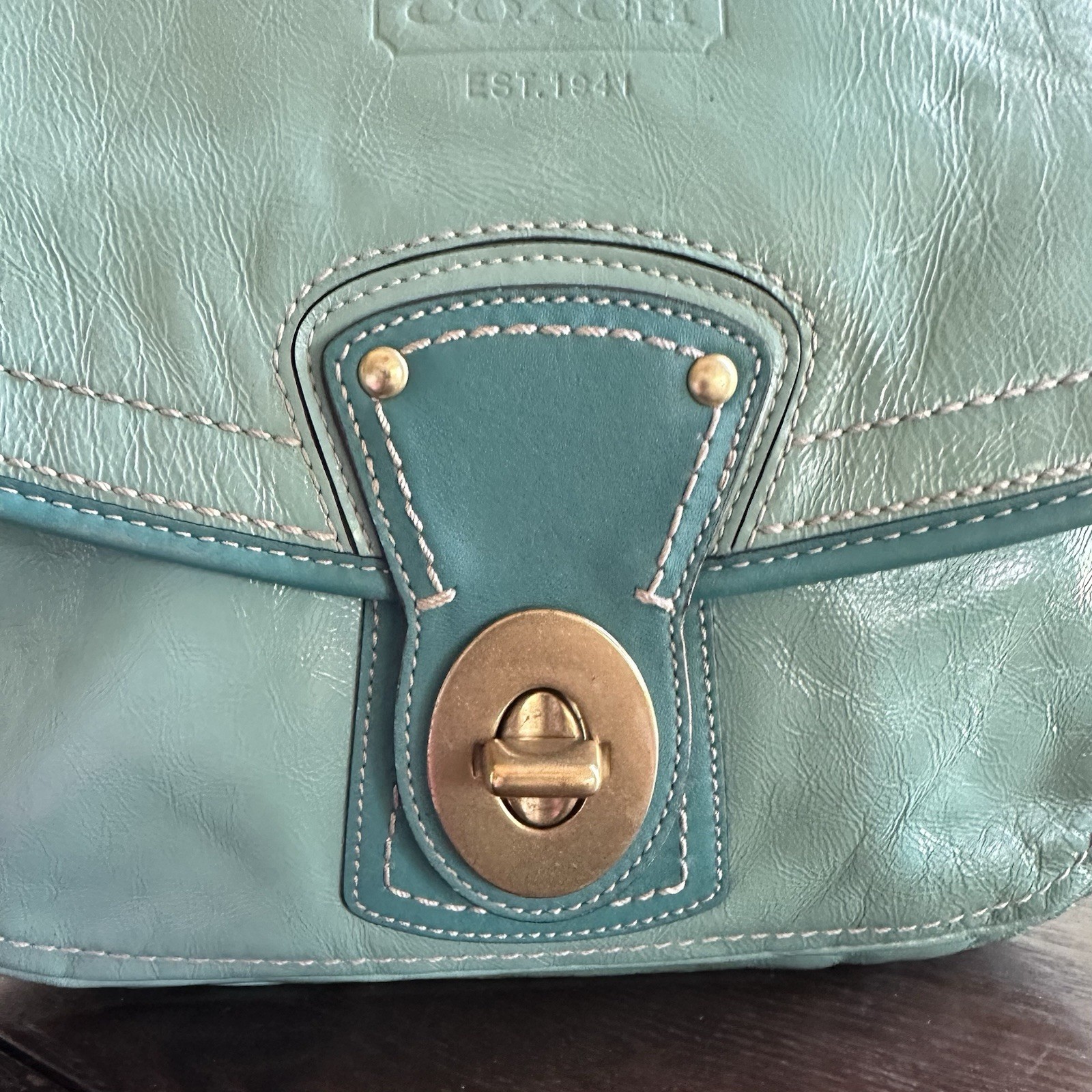 🦋Vintage COACH Ali Turquoise Legacy Patent Leather Turnlock Shoulder Bag f13370