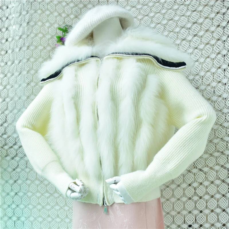 Women White Fox Fur Striped Peter Pan Collar Wool Loose Cardigans Sweater Jacket