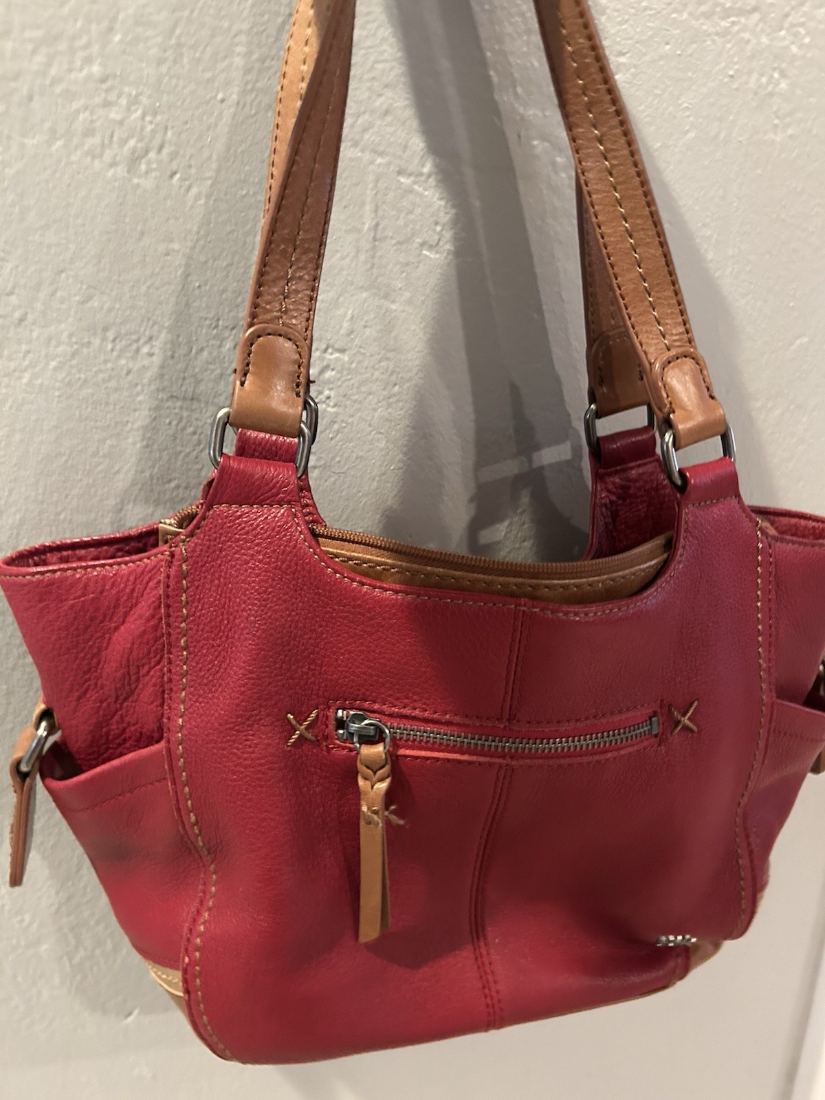 The Sak Medium Red Satchel Top Handle, Zip Closure, Detachable Strap Pockets