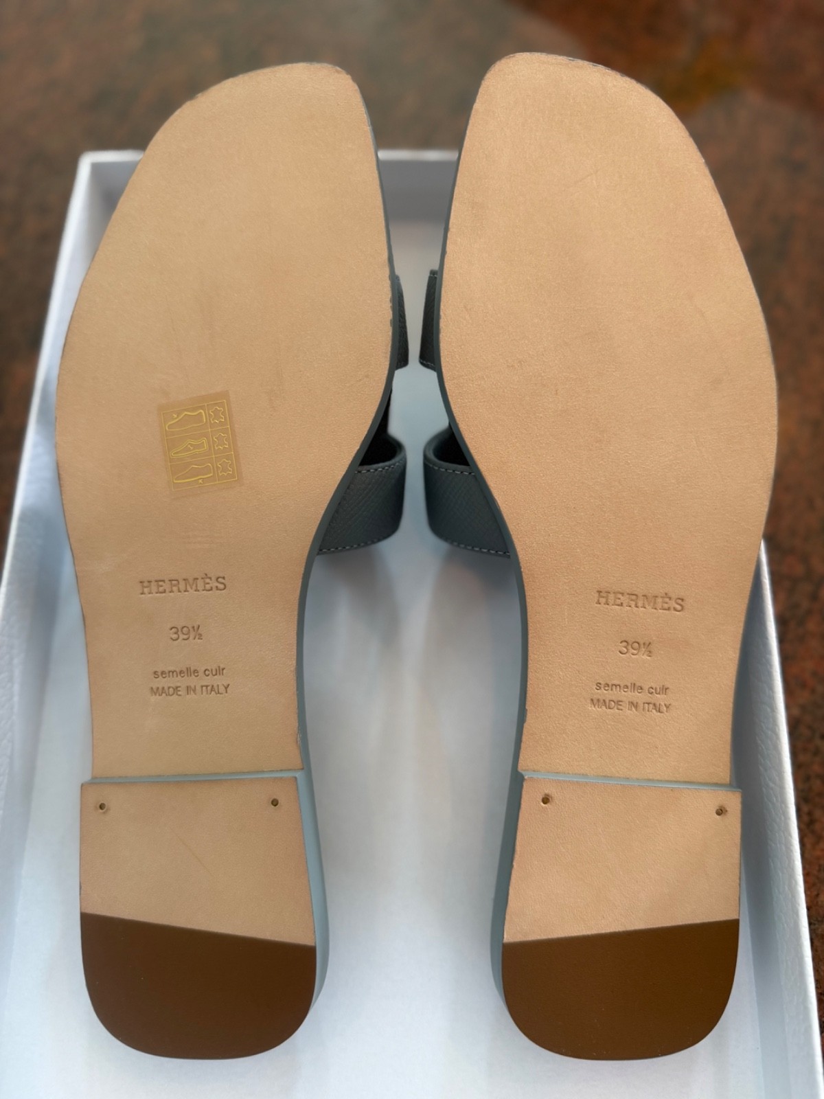 Hermes Oran Sandals Leather Gris Antartique (Greyish Blue) 39.5 New, no box