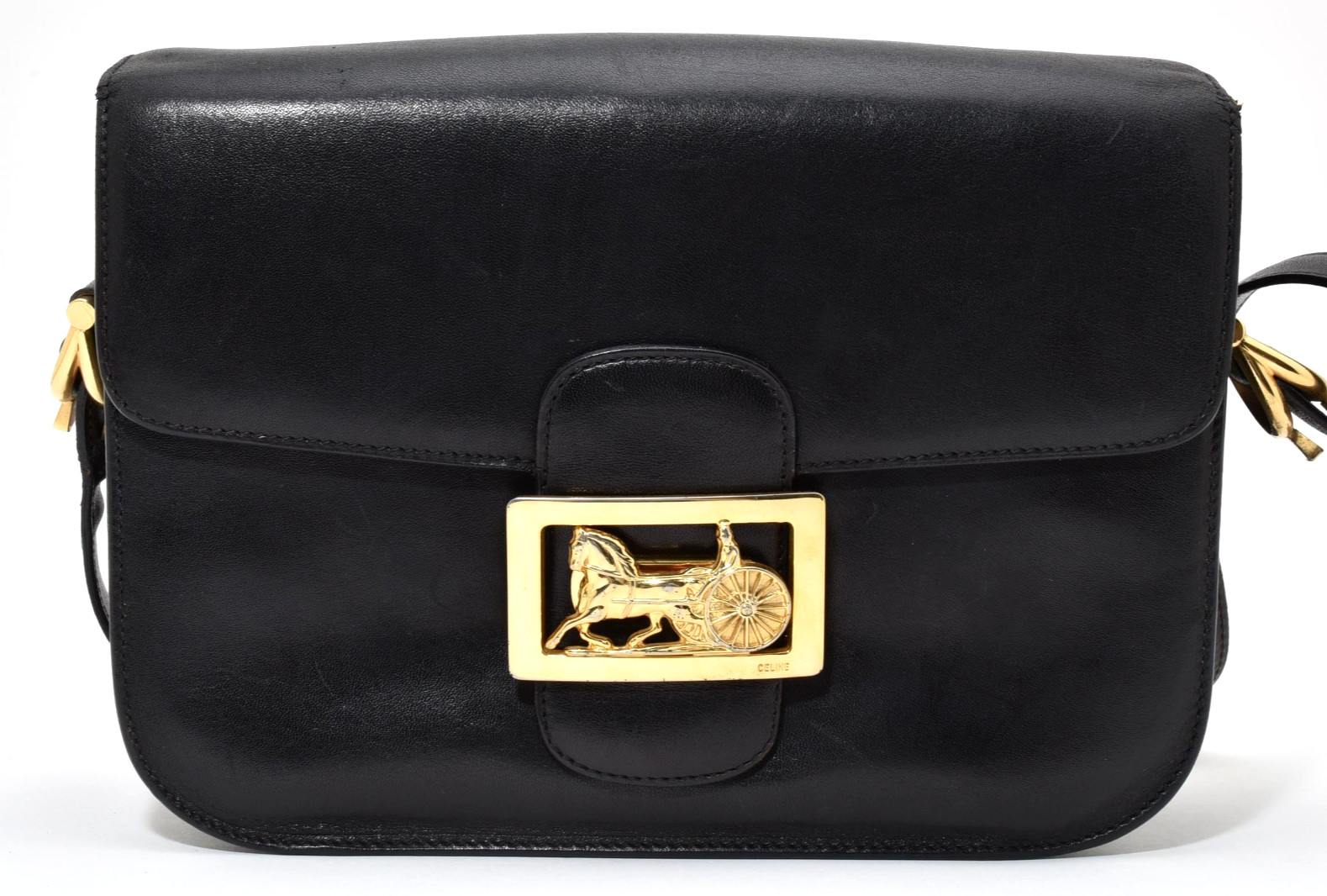 CELINE Vintage Horse Carriage Shoulder Bag Black Leather Gold Authentic