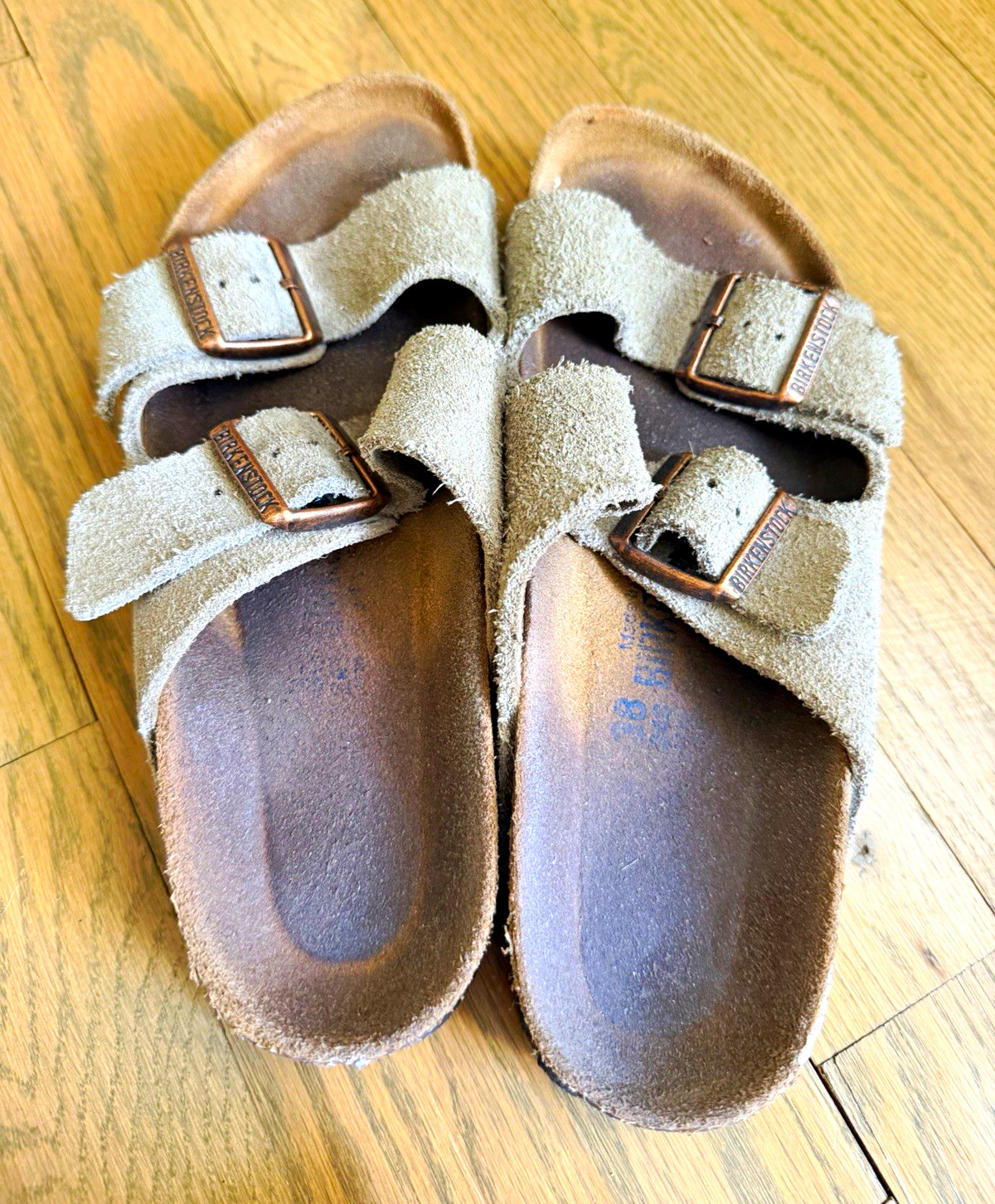 Birkenstock Arizona Men’s Suede Slide Sandals, Cork Insole, Brown/Beige US 8
