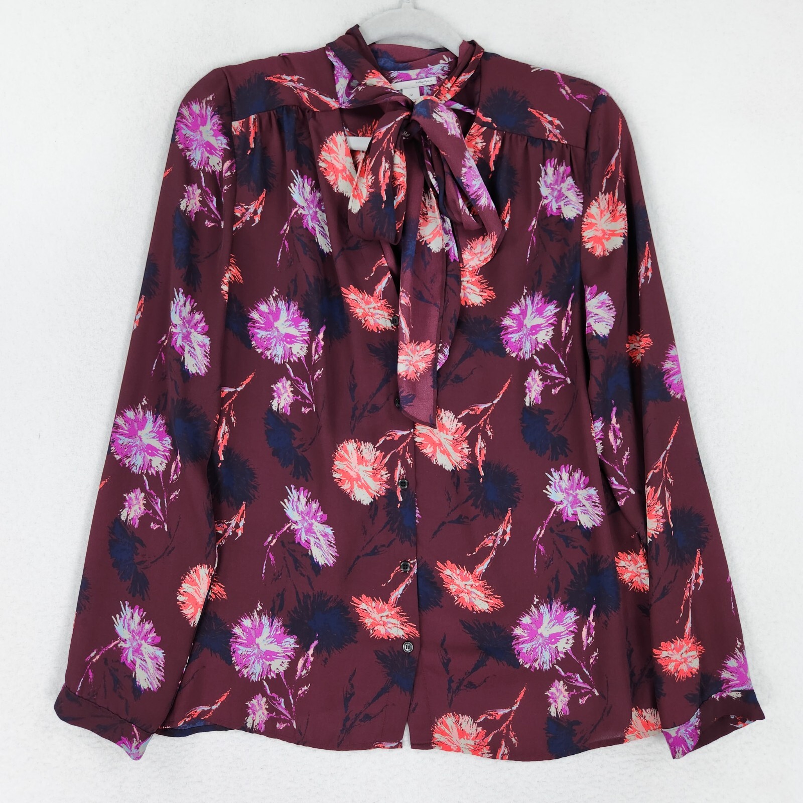 Halogen Shirt Women Medium Burgundy Pink Floral Lightweight Tie Neck Button Down