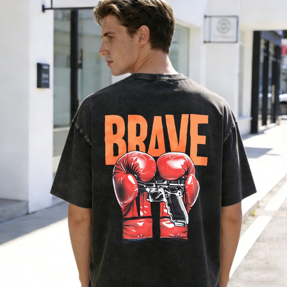 Men’s Oversized Acid Wash T-Shirt 100% Cotton Vintage BRAVE Graphic Tee