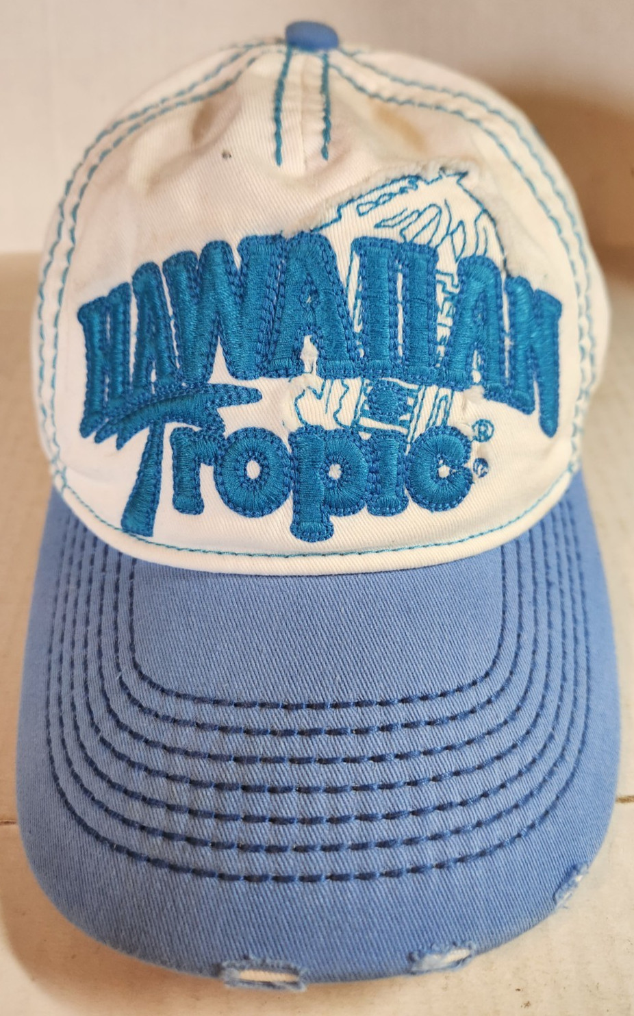 Hawaiian Tropic Blue/White Distressed Look Strap Back Hat