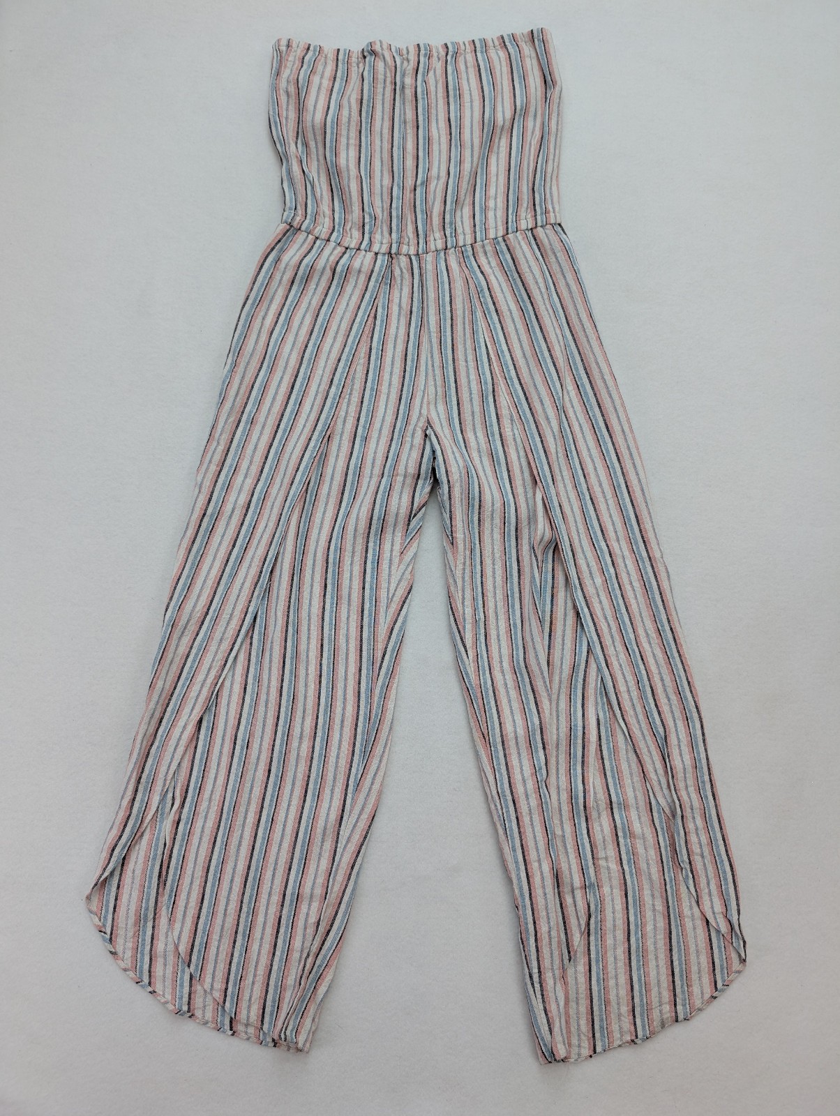 Drew Women’s Romper Size M Linen Blend Strapless Bohemian Pink Blue White Stripe