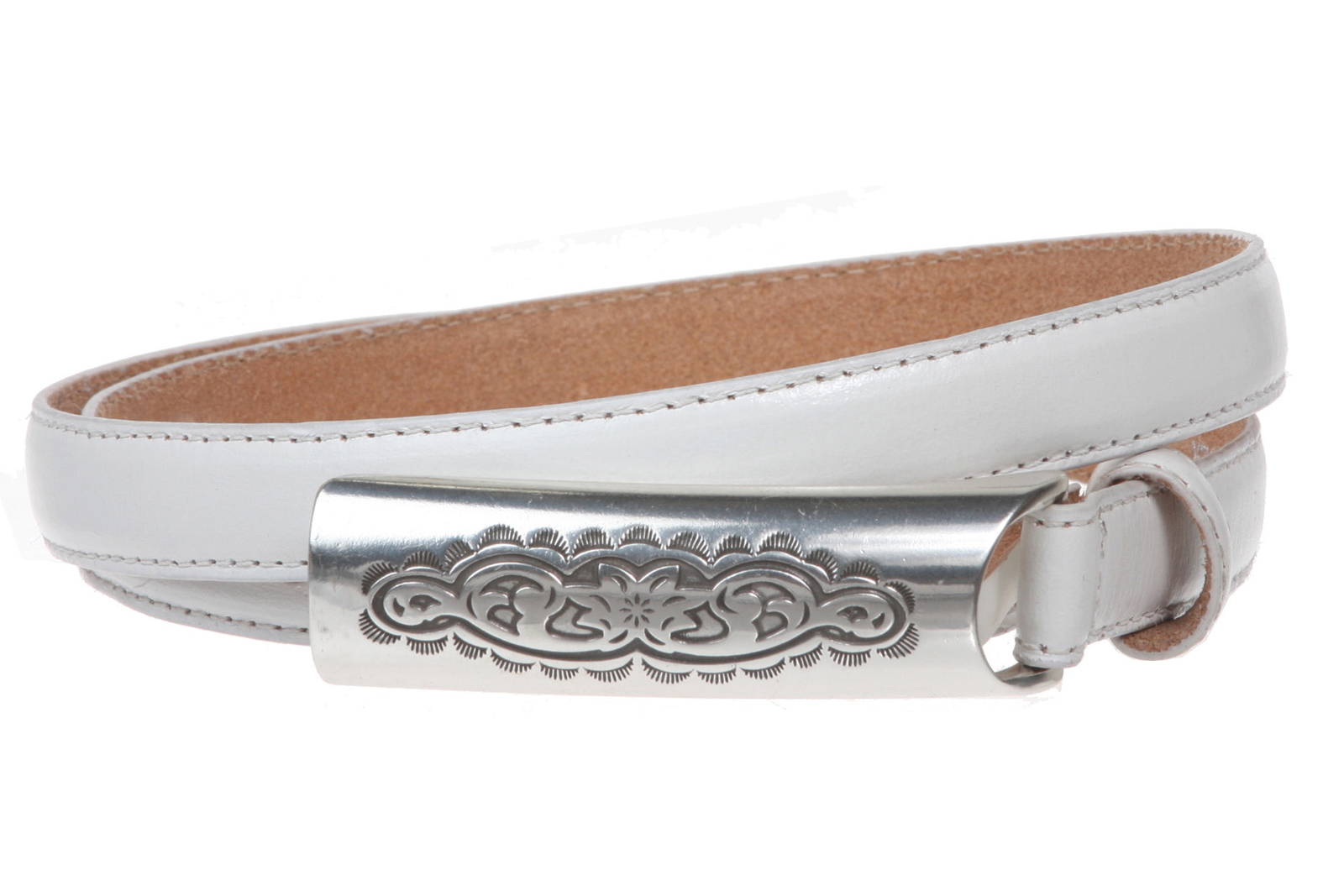 3/4 Inch (19mm) Embossed Rectangular Feather Edged Skinny Stitch Leather Belt